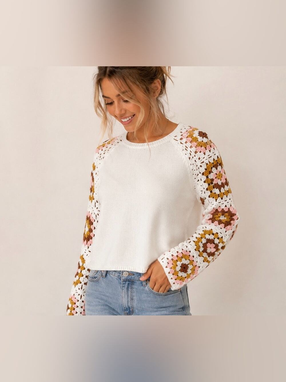 Pink Lily Crochet Sleeve Sweater | Size Small | Boho Granny Square Knit